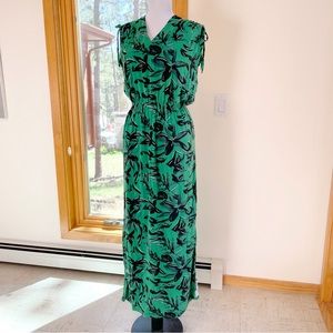 Green Tie Cinch Shoulder Abstract Floral Black White Maxi Dress M